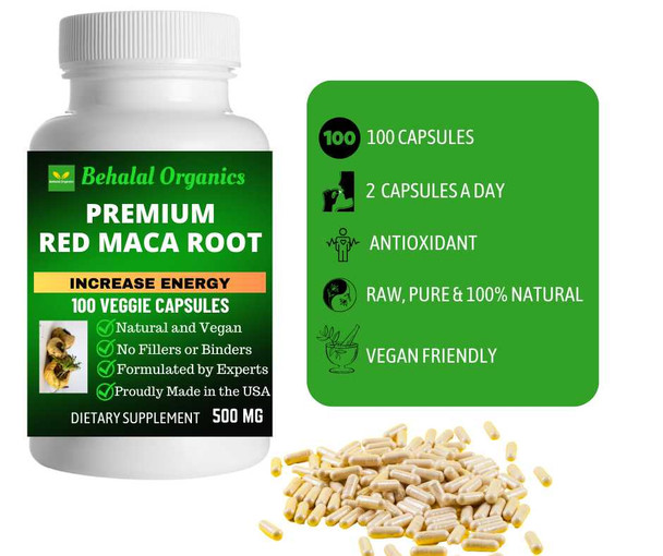 Red Maca Root 100 Quick Release Capsules - 500mg Per Capsule Behalal Organics