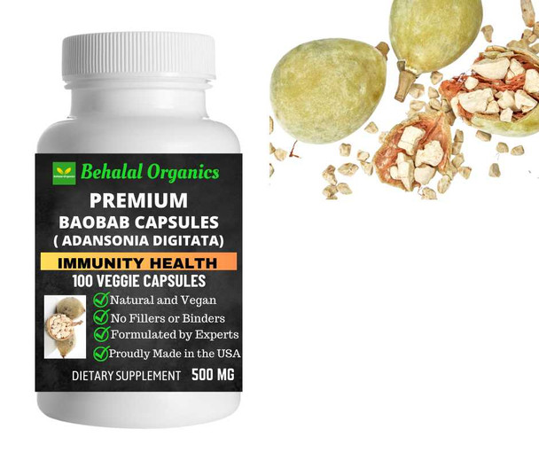 Baobab capsules 100 Quick Release Capsules - 500mg Per Capsule Behalal Organics