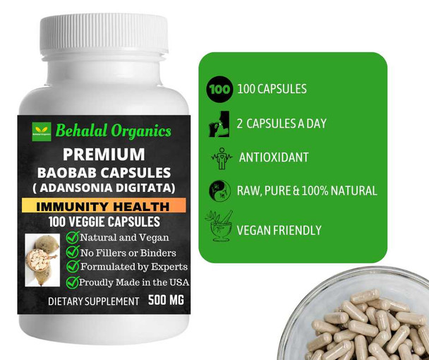 Baobab capsules 100 Quick Release Capsules - 500mg Per Capsule Behalal Organics
