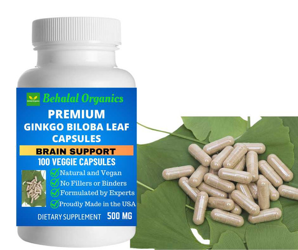 Ginkgo biloba leaf capsules 100 Quick Release Capsules - 500mg Per Capsule Behalal Organics