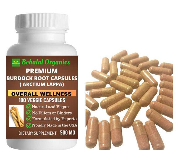 Burdock root capsules 100 Quick Release Capsules - 500mg Per Capsule Behalal Organics