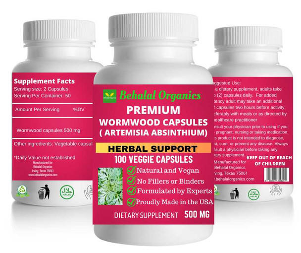 Wormwood capsules 100 Quick Release Capsules - 500mg Per Capsule Behalal Organics