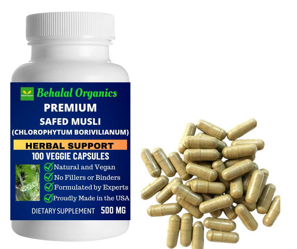 Safed Musli 100 Quick Release Capsules - 500mg Per Capsule Behalal Organics