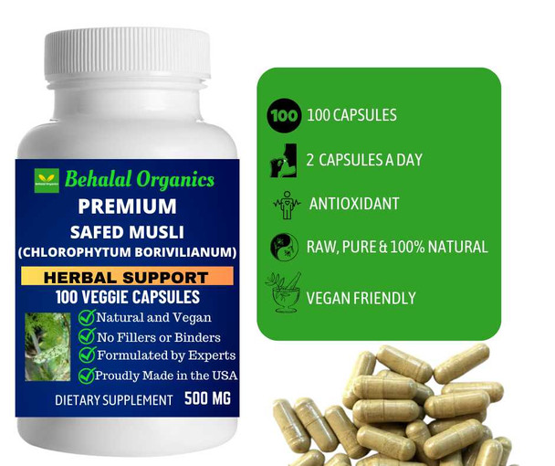 Safed Musli 100 Quick Release Capsules - 500mg Per Capsule Behalal Organics