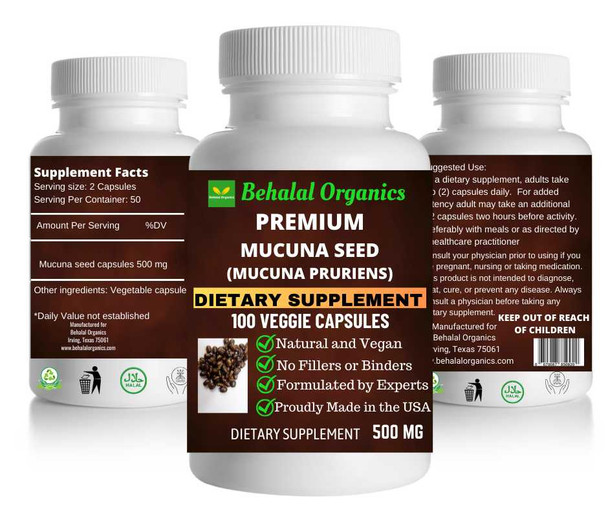 Mucuna seed 100 Quick Release Capsules - 500mg Per Capsule Behalal Organics