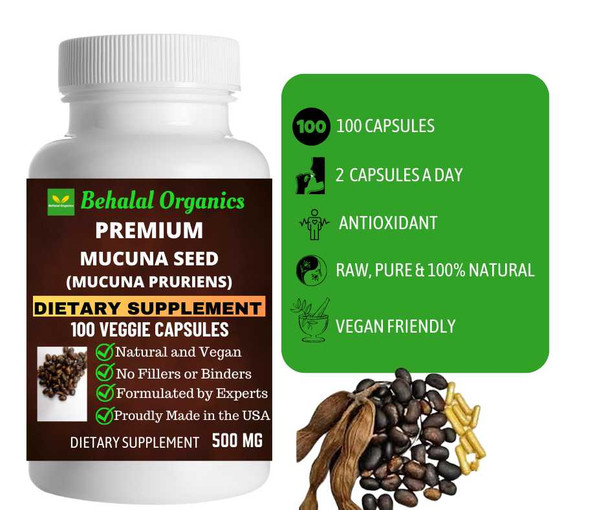 Mucuna seed 100 Quick Release Capsules - 500mg Per Capsule Behalal Organics