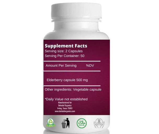 Elderberry 100 Quick Release Capsules - 500mg Per Capsule Behalal Organics