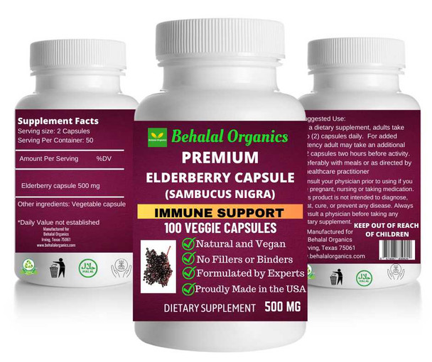 Elderberry 100 Quick Release Capsules - 500mg Per Capsule Behalal Organics