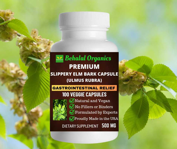 Slippery Elm Bark 100 Quick Release Capsules - 500mg Per Capsule Behalal Organics