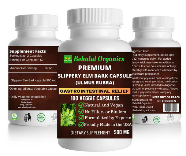 Slippery Elm Bark 100 Quick Release Capsules - 500mg Per Capsule Behalal Organics