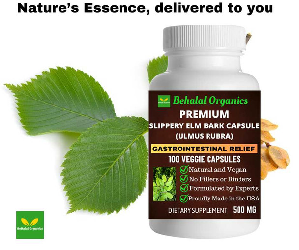 Slippery Elm Bark 100 Quick Release Capsules - 500mg Per Capsule Behalal Organics