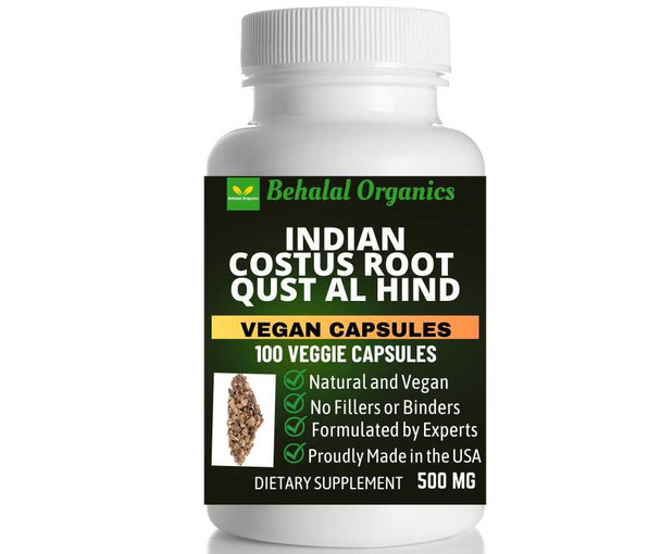 Indian costus qust al hind 100 Quick Release Capsules - 500mg Per Capsule Behalal Organics