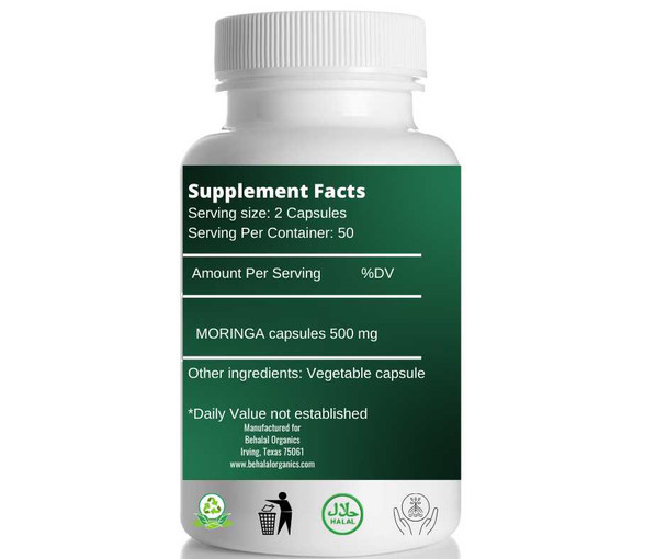 Moringa 100 Quick Release Capsules - 500mg Per Capsule Behalal Organics