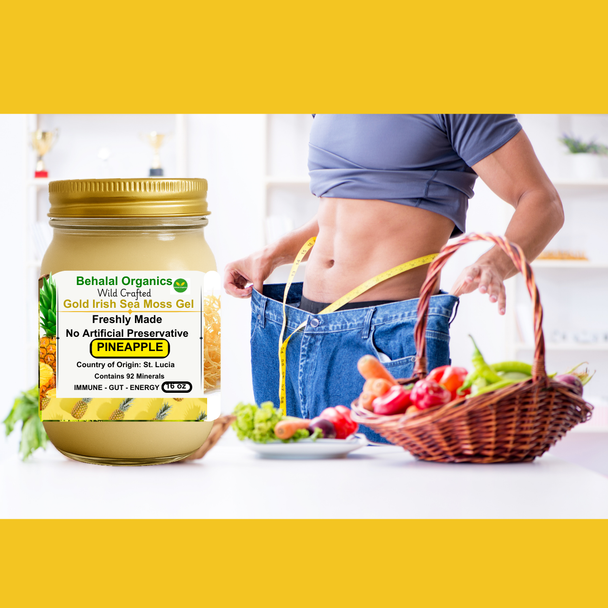 Jar of Pineapple Irish Sea Moss Gel by Behalal Organics – Wildcrafted St. Lucia Gold sea moss infused with real pineapple, organic vegan superfood supplement in glass jar, shown with fresh pineapple and tropical background