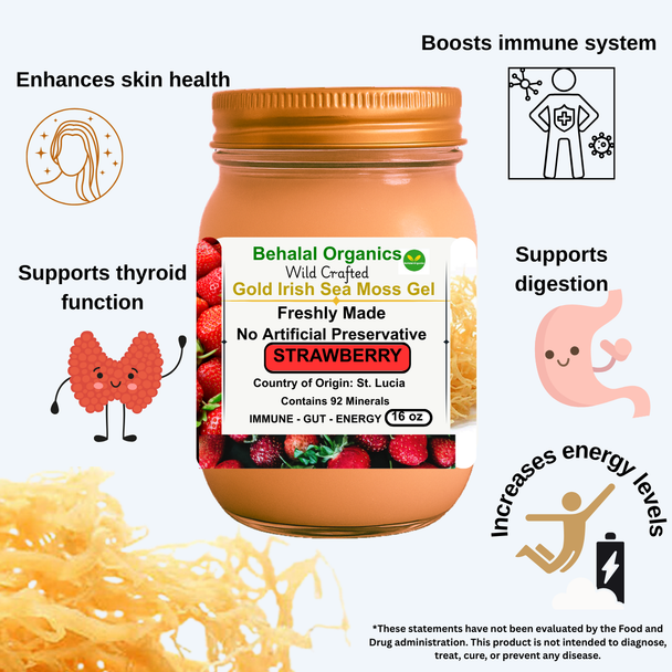 Strawberry and Lemon Irish Sea Moss Gel – Behalal Organics St. Lucia Gold Sea Moss Superfood, vegan and halal natural wellness supplement