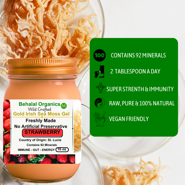 Strawberry and Lemon Irish Sea Moss Gel – Behalal Organics St. Lucia Gold Sea Moss Superfood, vegan and halal natural wellness supplement