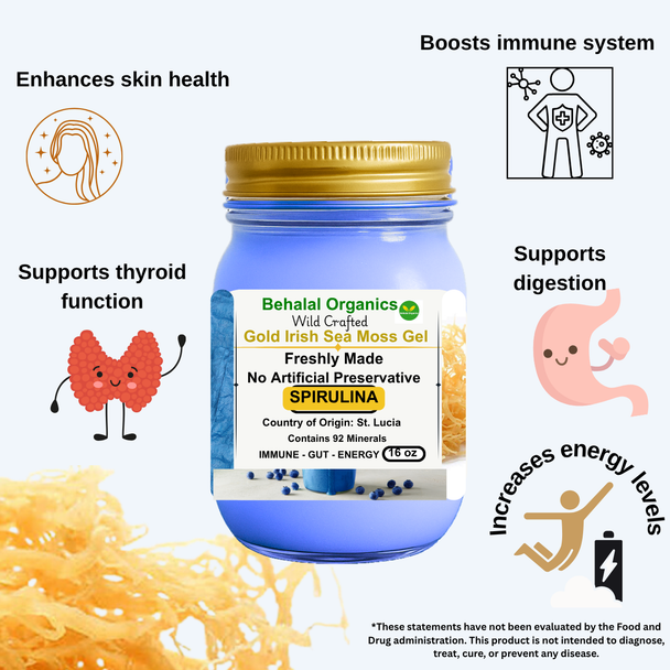 Behalal Organics Spirulina Irish Sea Moss Gel with Lemon, made from wildcrafted St. Lucia Gold Sea Moss.