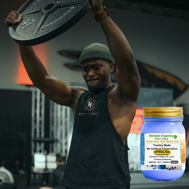 Behalal Organics Spirulina Irish Sea Moss Gel with Lemon, made from wildcrafted St. Lucia Gold Sea Moss.