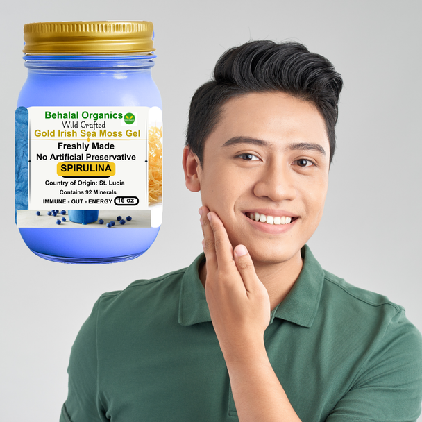 Behalal Organics Spirulina Irish Sea Moss Gel with Lemon, made from wildcrafted St. Lucia Gold Sea Moss.