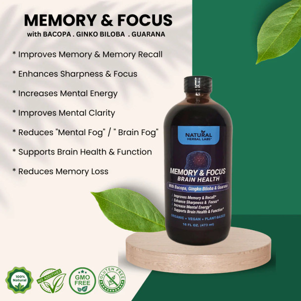 Memory & Focus Brain Health Supplement - Plant-Based Formula, 16 oz