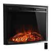 RV electric fireplace with curved glass and remote to the side.