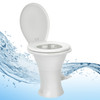 White ceramic RV toilet with water flowing in the background.