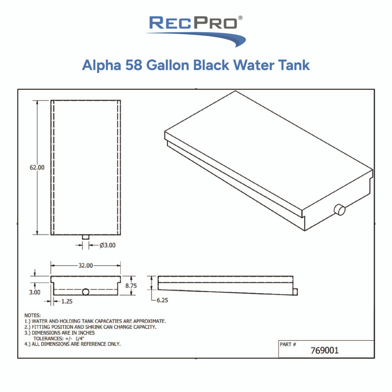 Alpha 58 Gallon 62 x 32 x 8.75 Black Water Holding Tank 769001