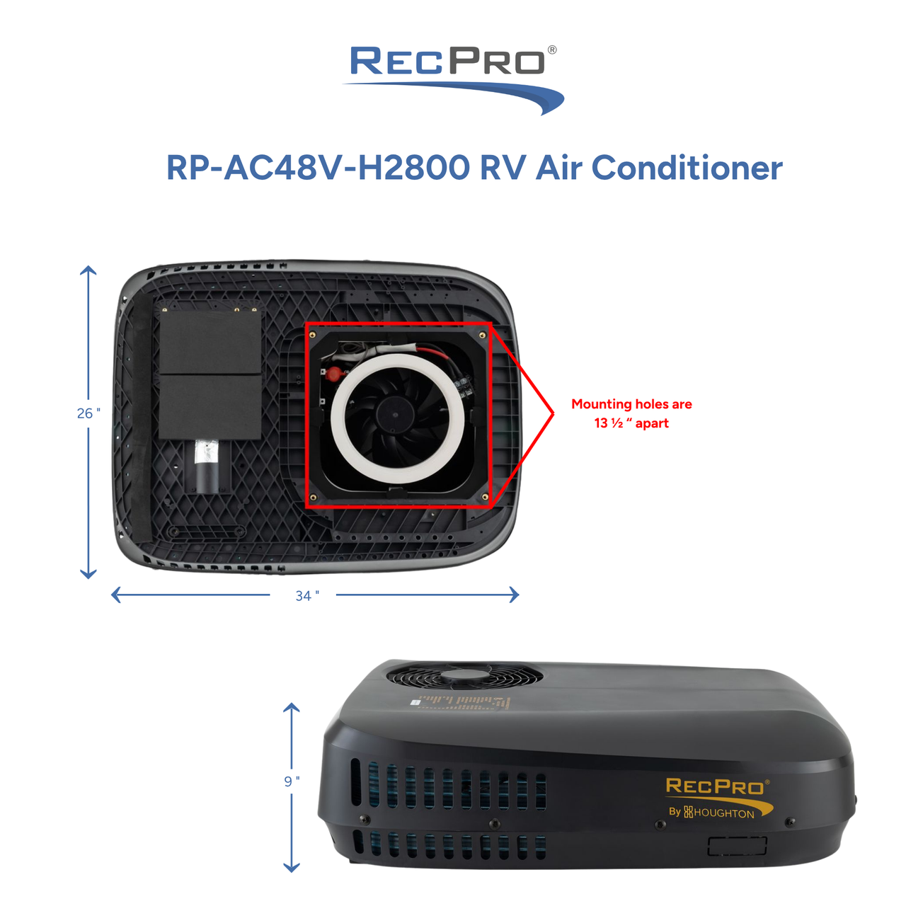 48V Air Conditioner for RV - 9.5K Low Profile AC Unit with Heat
