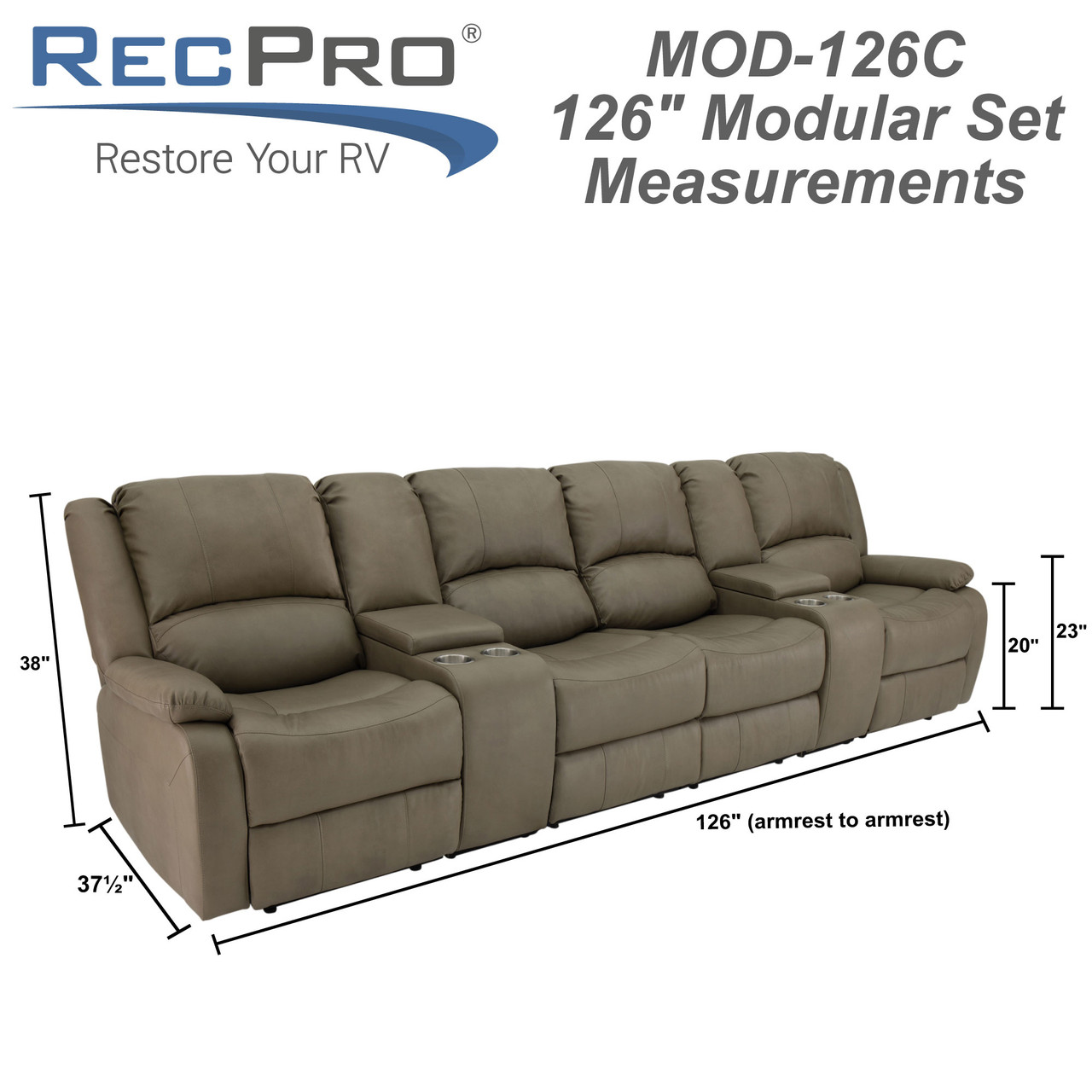 RecPro Charles 111 Quad Wall Hugger RV Recliner Sofa with Two Drop Down Consoles & Cup Holder Console