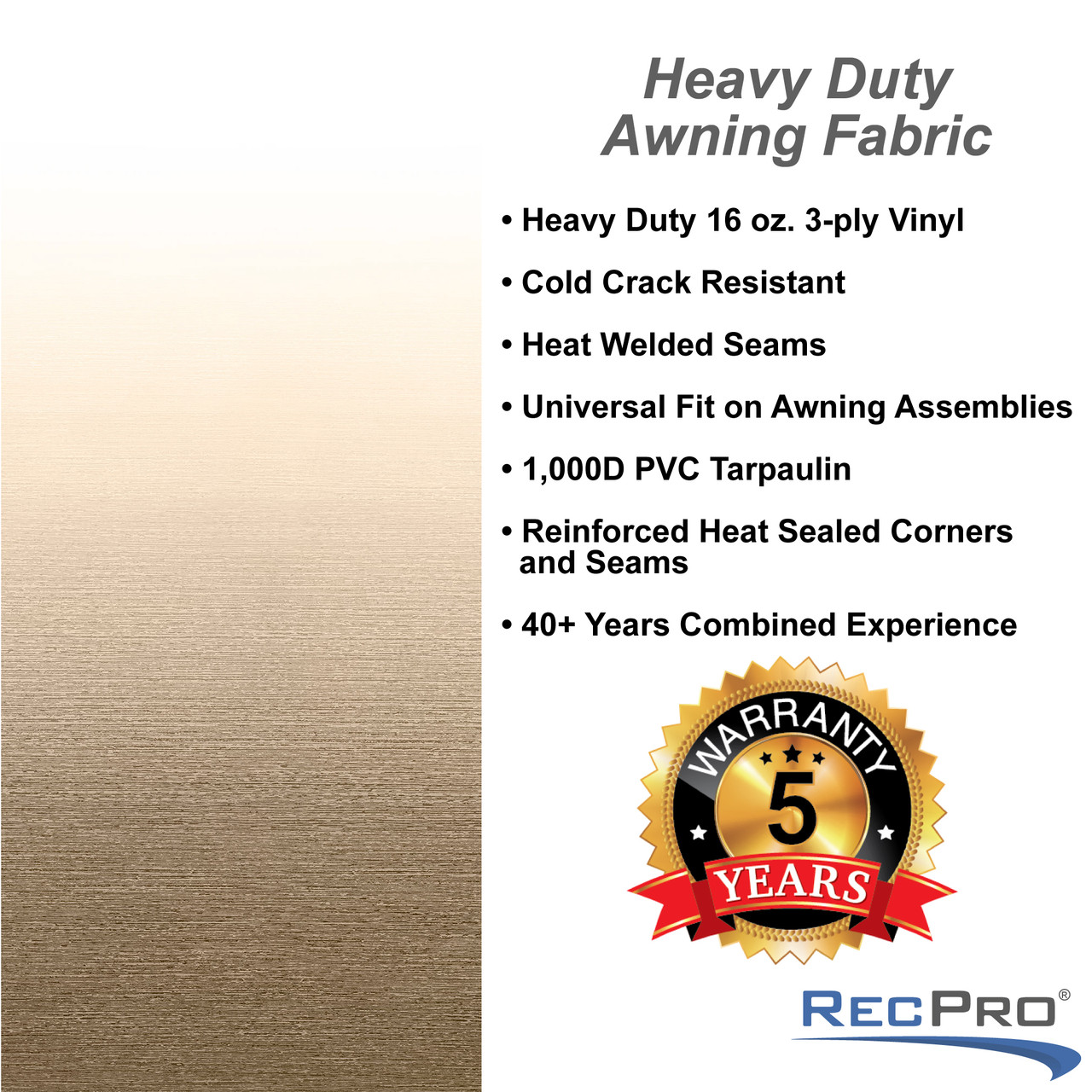 18' RV Awning Replacement Fabric Heat-Welded Seams (Actual Width