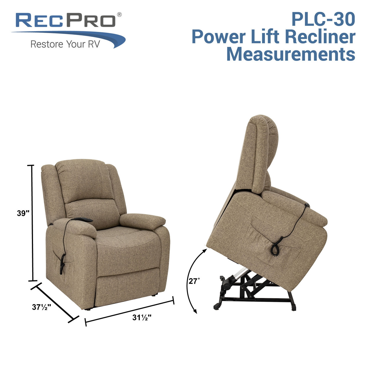 30 Rv Reclining Power Lift Chair Handicap Assist Recliner Recpro