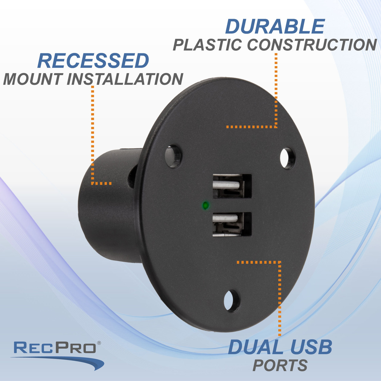 RV Dual 12 Volt USB Charger Socket Black Recessed Mount - RecPro