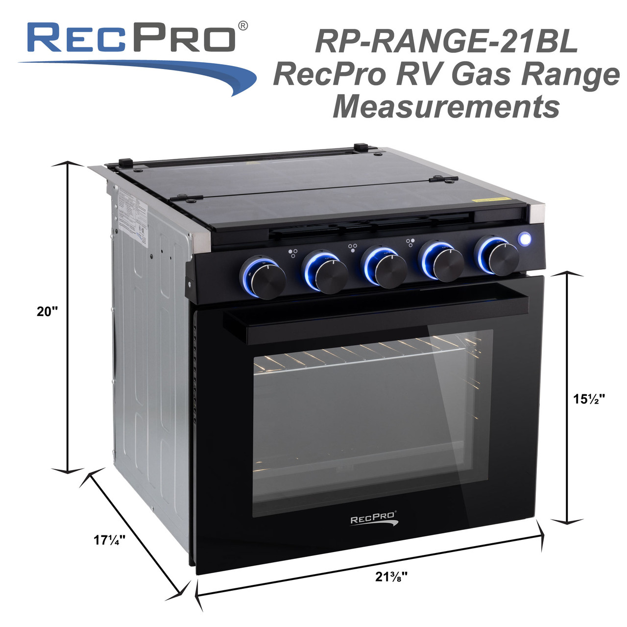 RecPro RV Stove | Gas Range 21 Tall | Optional Vented Range Hood | Black  or Silver Color Options (Black, with Vented Range Hood)