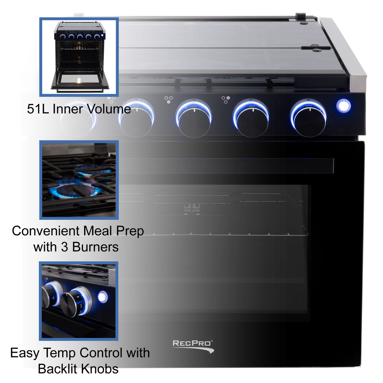 RecPro RV Stove GAS Range 21 Tall Optional Vented Range Hood Black or Silver Color options (Silver, No Vented Range Hood)