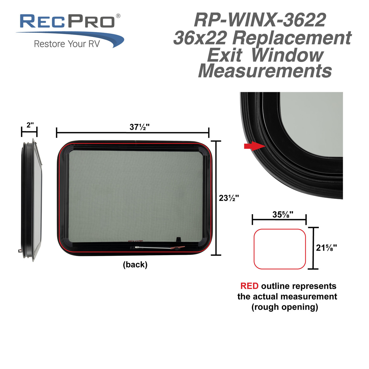 RV Exit Window 36"W x 22"H Optional Trim RecPro