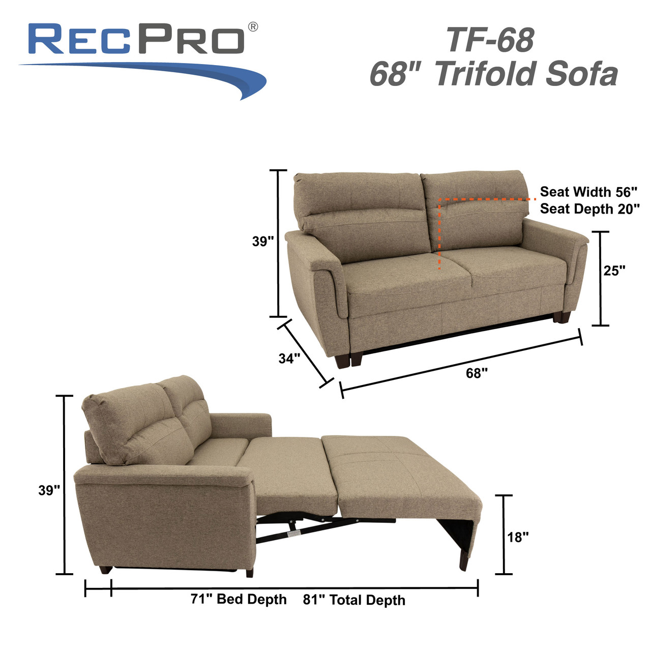 68 tri fold sleeper sofa