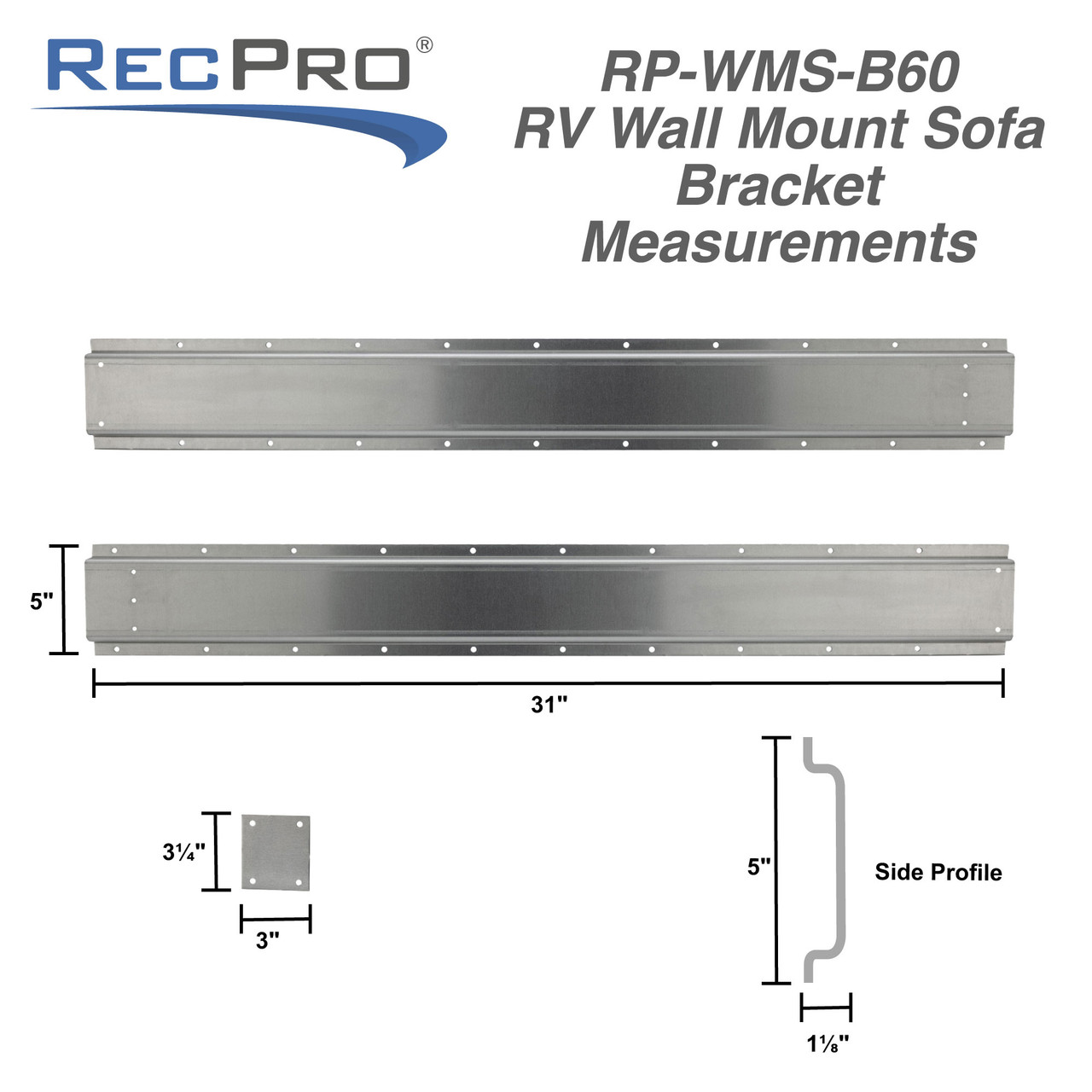 RV Wall Mount Rollover Sofa Wall Support Brackets with Hardware - RecPro