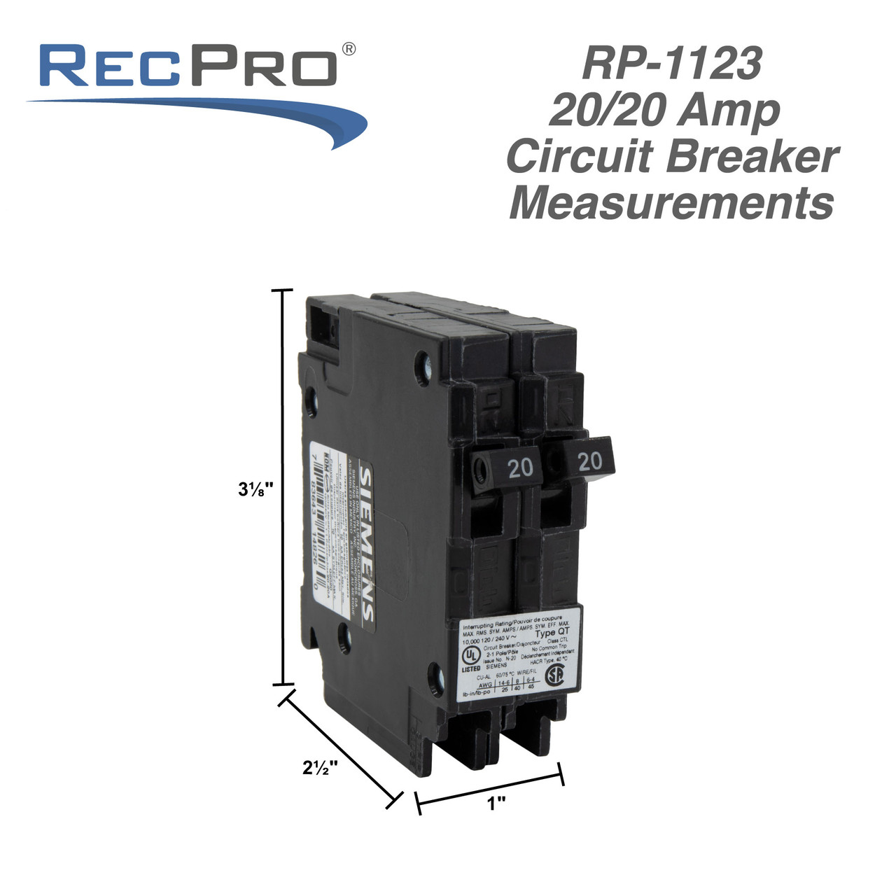 RV Circuit Breaker 20 Amp Double Breaker Siemens Q2020 RecPro