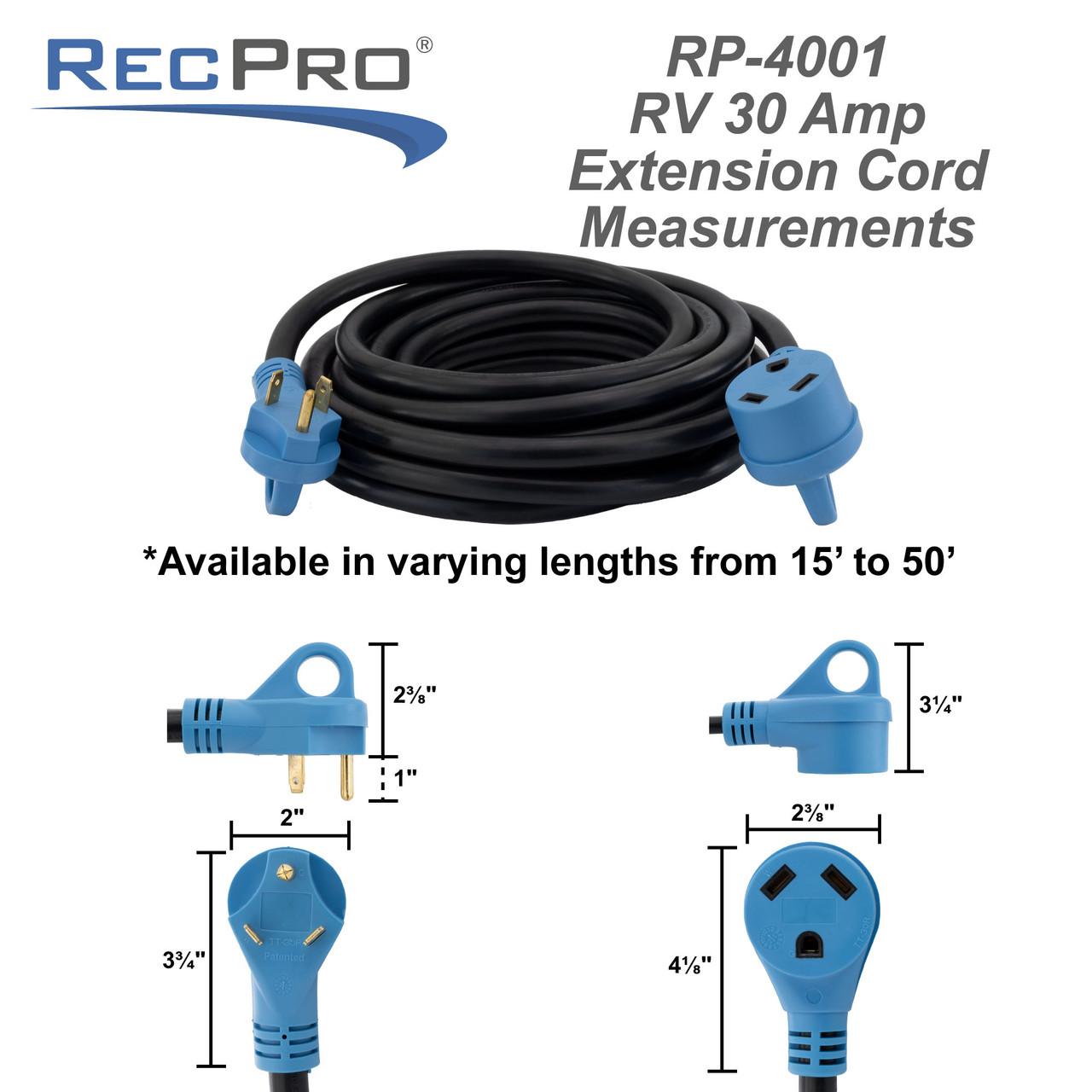 RV Extension Cord 30 Amp Varying Lengths RecPro