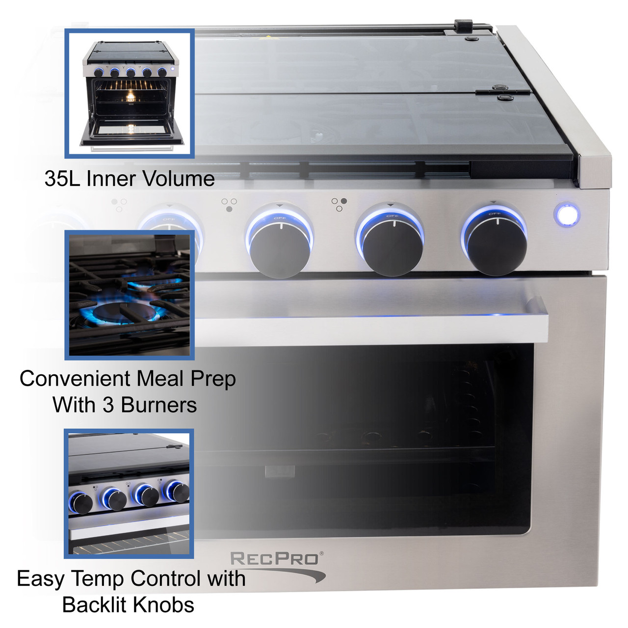 RecPro RV Built in GAS Cooktop 3 Burners RV Cooktop Stove 6,500 and 8,000 BTU Burners Cover Included