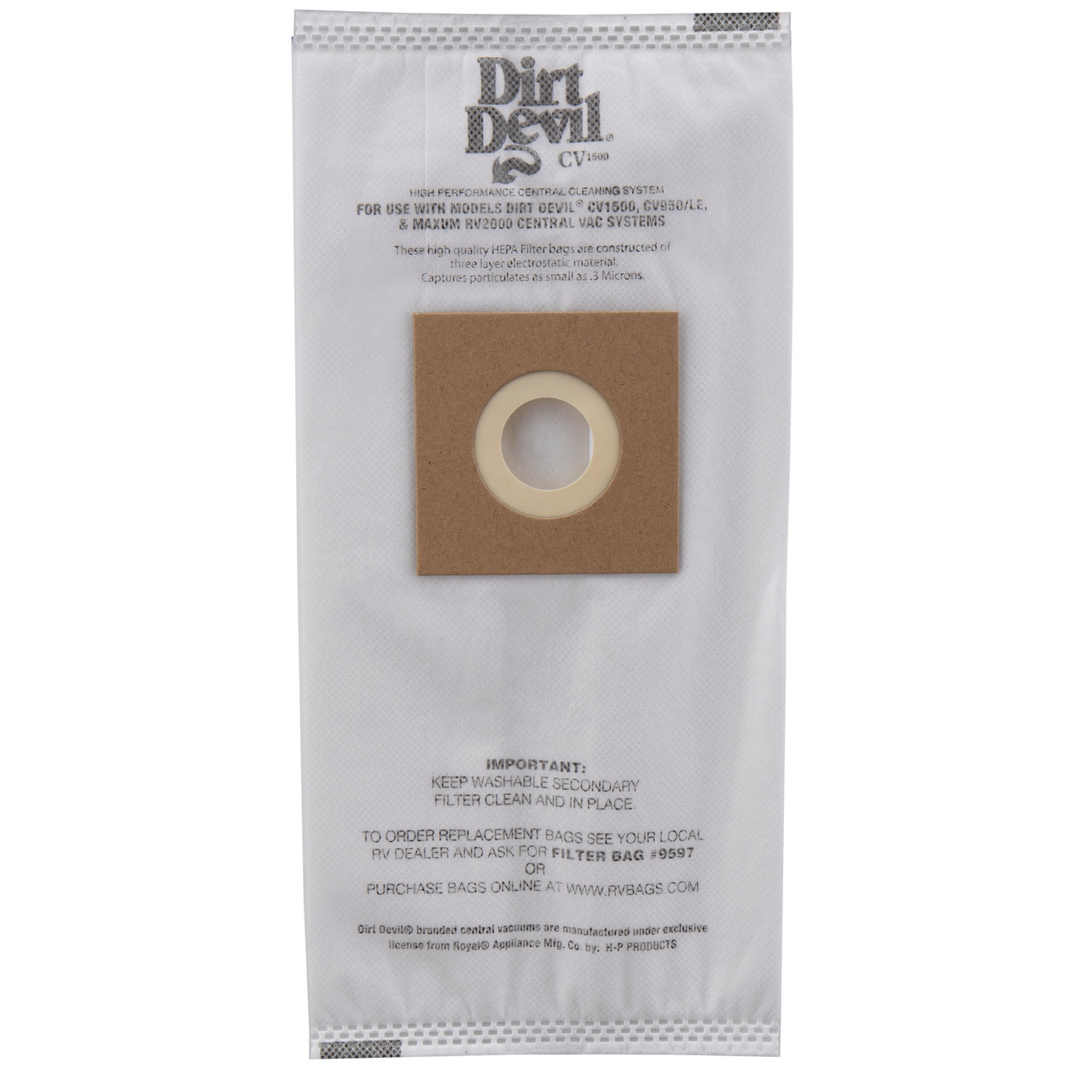 Dirt Devil RV Central Vacuum 3 Pack HEPA Vacuum Bags for CV1500 RecPro