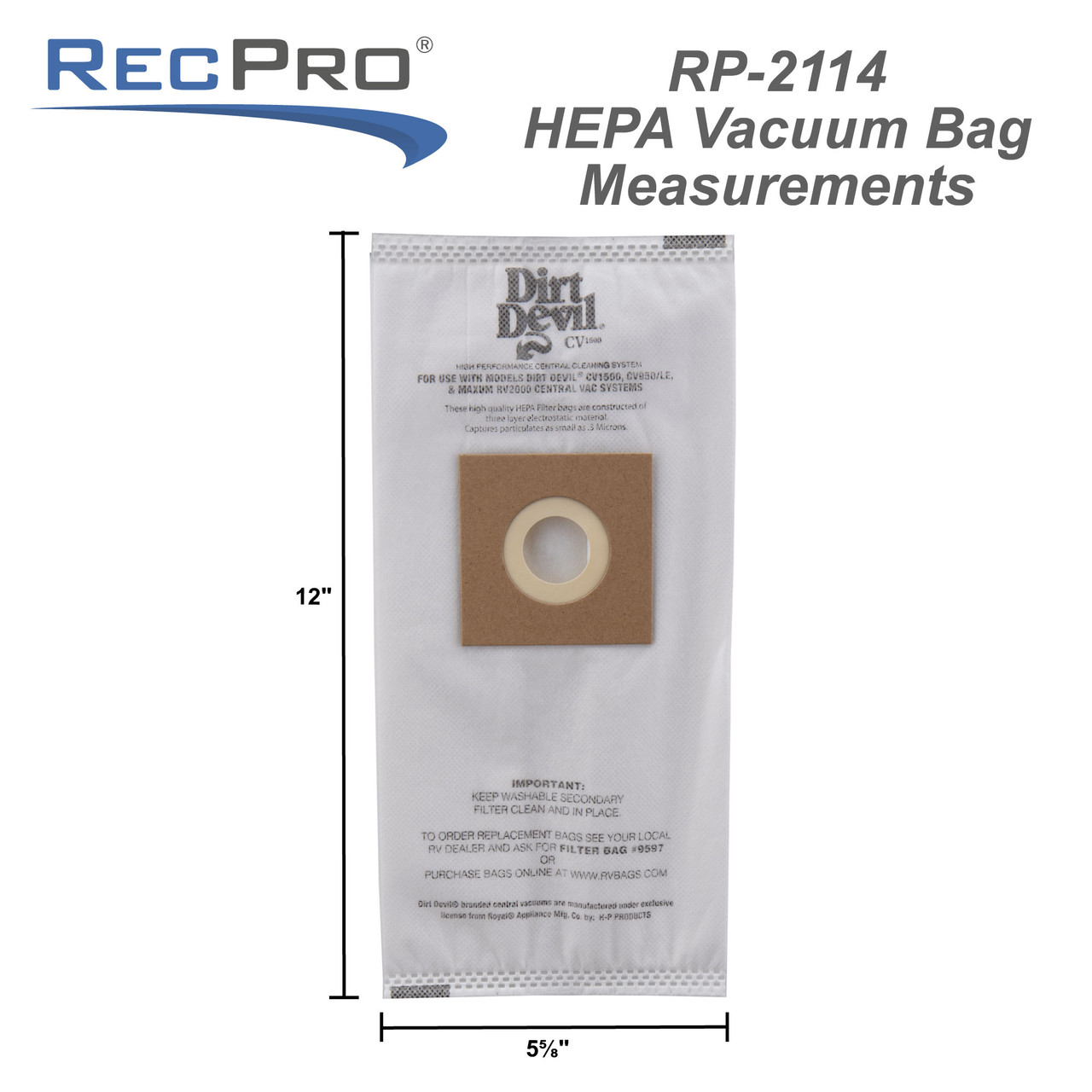 Dirt Devil RV Central Vacuum 3 Pack HEPA Vacuum Bags for CV1500 RecPro