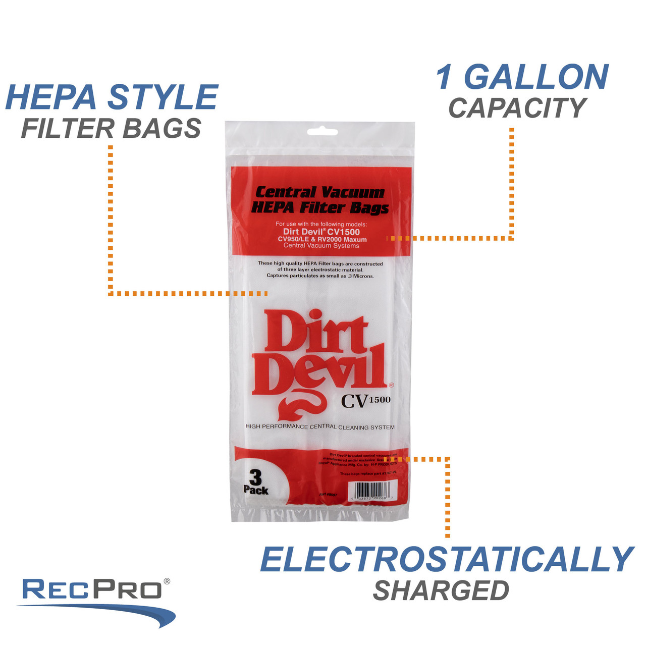 Dirt Devil RV Central Vacuum 3 Pack HEPA Vacuum Bags for CV1500