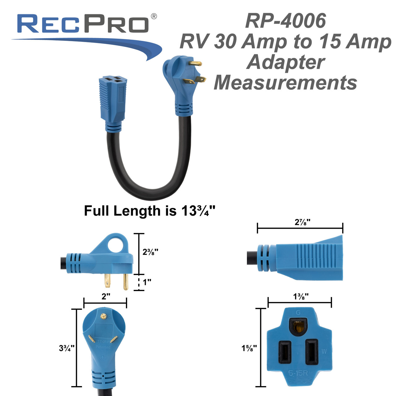 30 Amp Male to 15 Amp Female RV Power Adapter RecPro