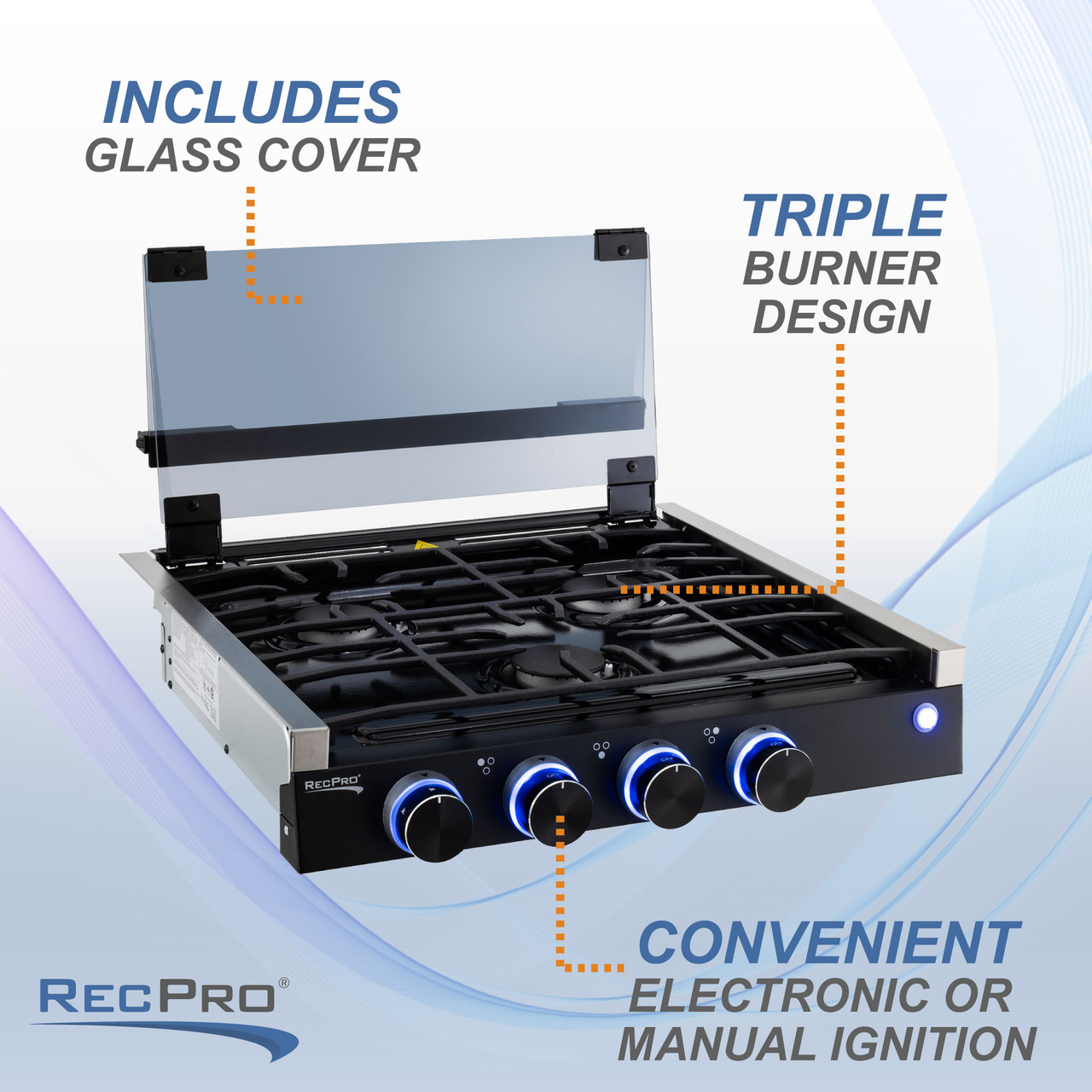 RecPro RV Side-by-Side Griddle and Grill | 3-Burner Propane GAS Cooktop | Flat-Top Grill and Grates | RV Grill