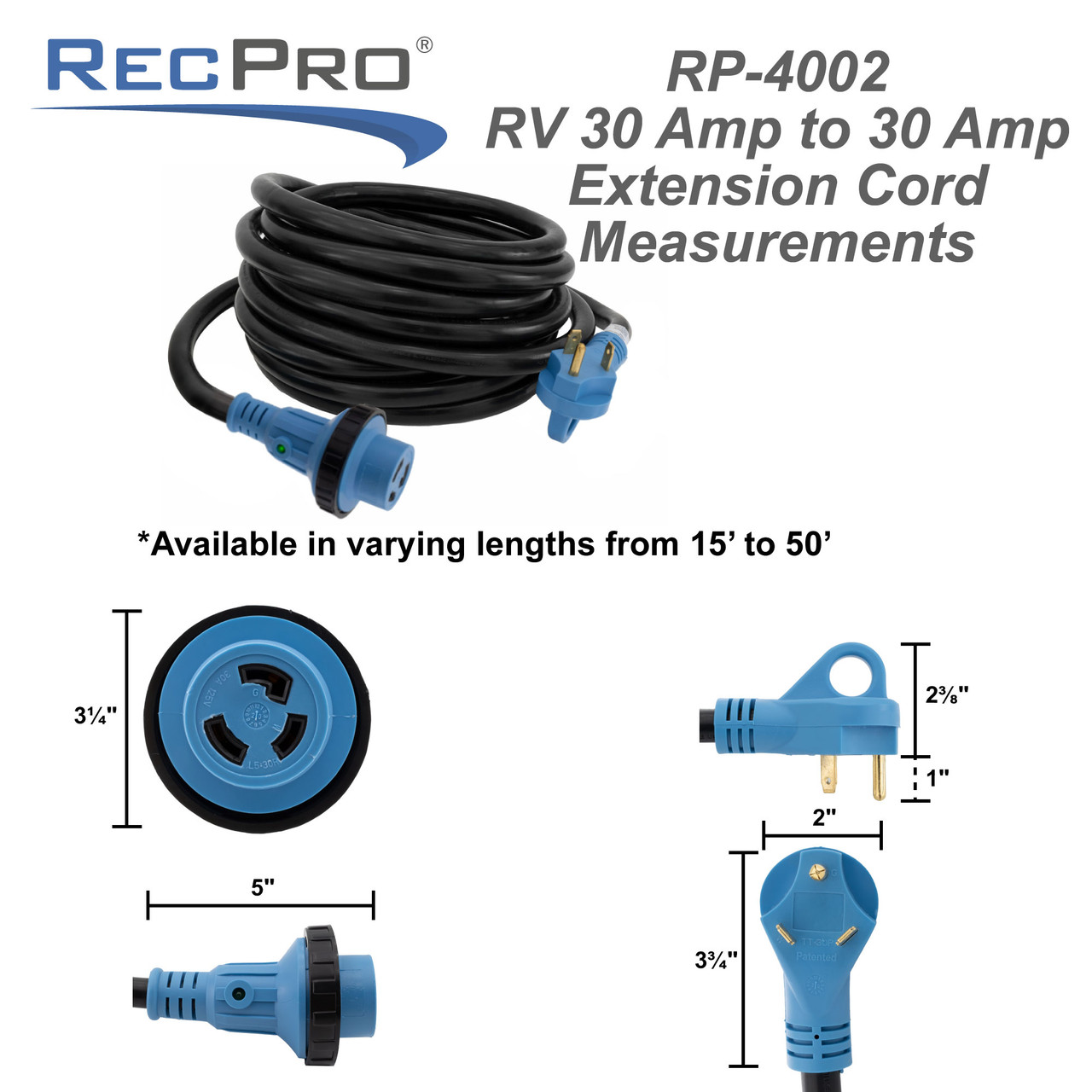 30 Amp RV Generator Inlet Extension Cord with Twist Lock
