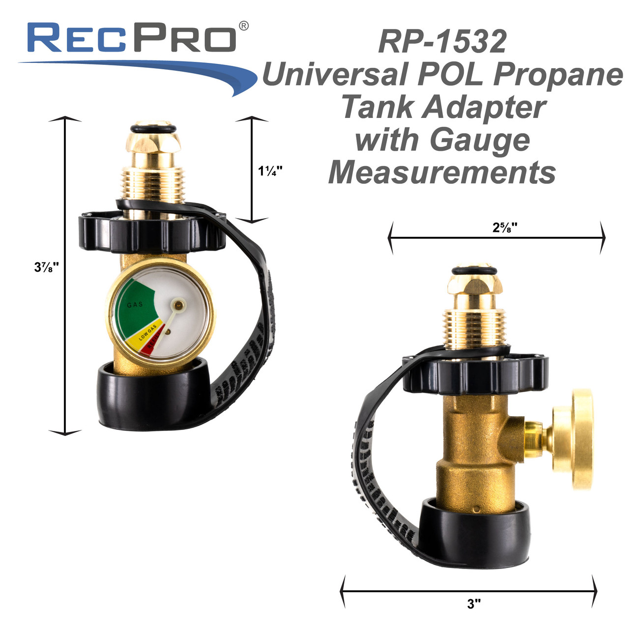 RV Propane Tank Adapter With Gauge Universal Fit POL Style RecPro