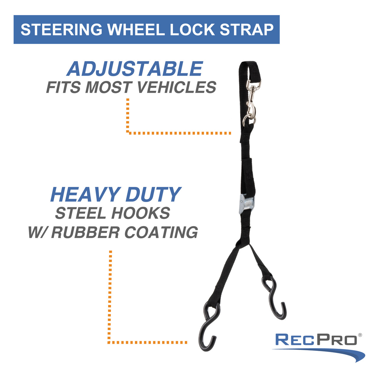 Towing Steering Wheel Lock Strap with Ratchet and Hooks RecPro