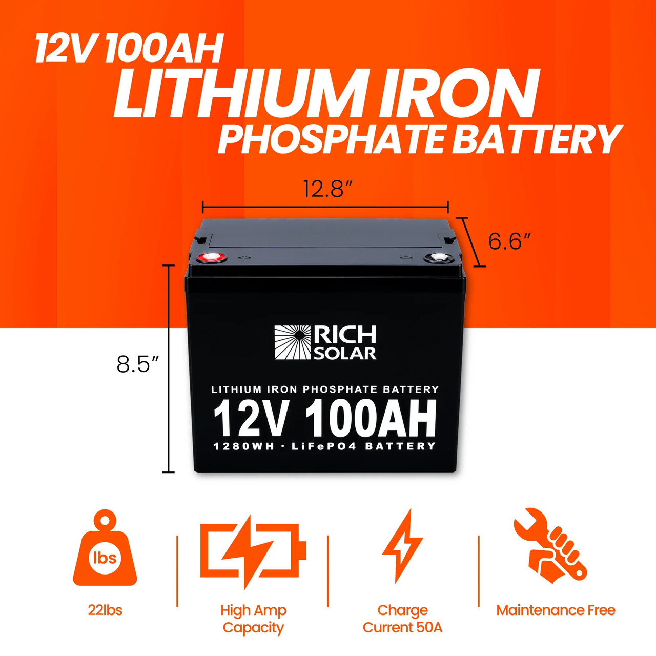 Rich Solar RV 12V 100Ah LiFePO4 Lithium Iron Phosphate Battery - RecPro