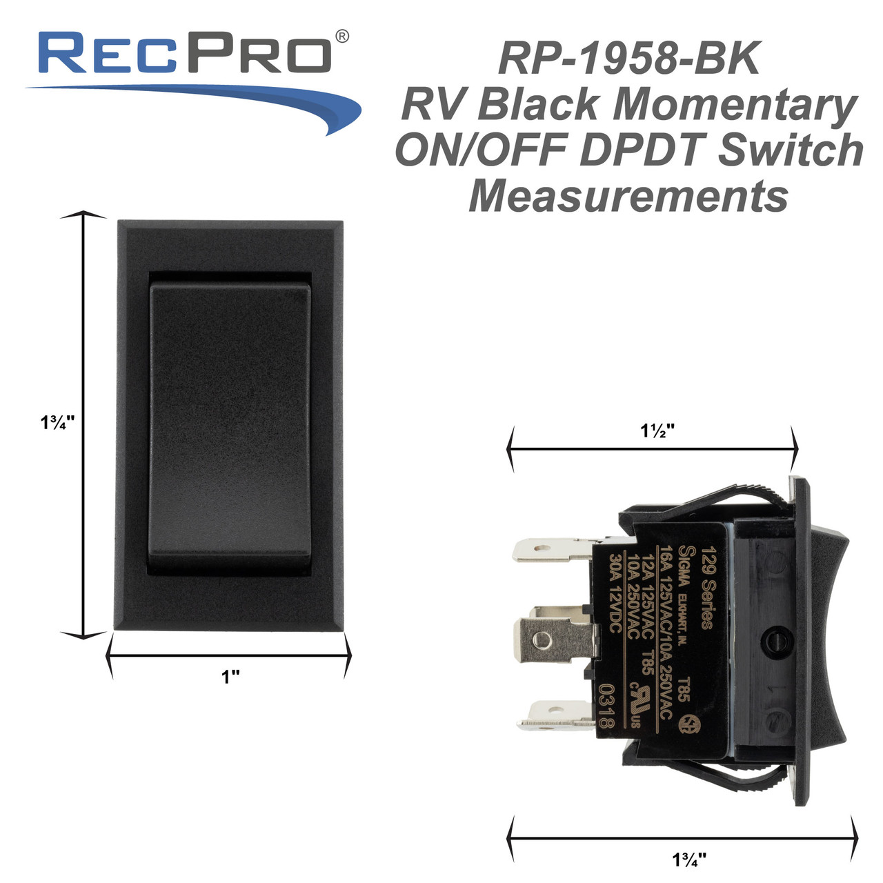 RV Momentary Rocker Double Pole Double Throw Switch On/Off/On - RecPro